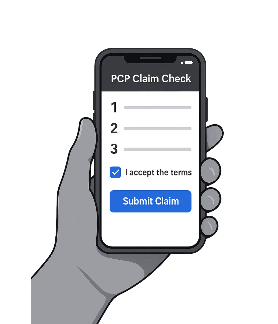 Step 1 of PCP claim process - Quick 2-minute online form completion with laptop and checkmarks illustration